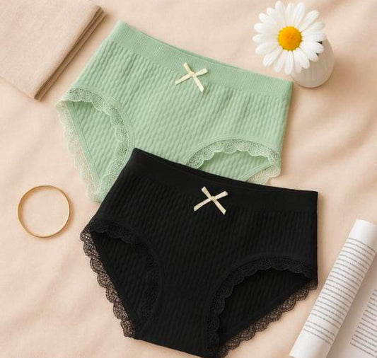 pack of 2 Women's Mid-Rise Cotton Underwear Antibacterial Butterfly Briefs Lace Decoration Breathable Seamless Mid Waist Panties Everyday