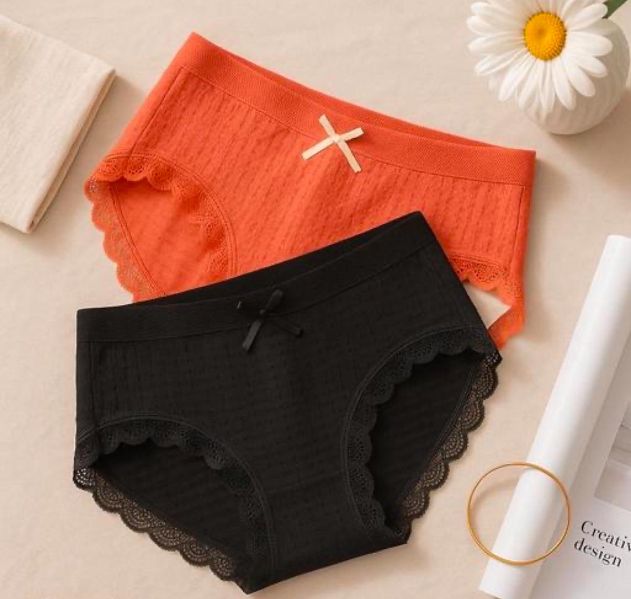 pack of 2 Women's Mid-Rise Cotton Underwear Antibacterial Butterfly Briefs Lace Decoration Breathable Seamless Mid Waist Panties Everyday